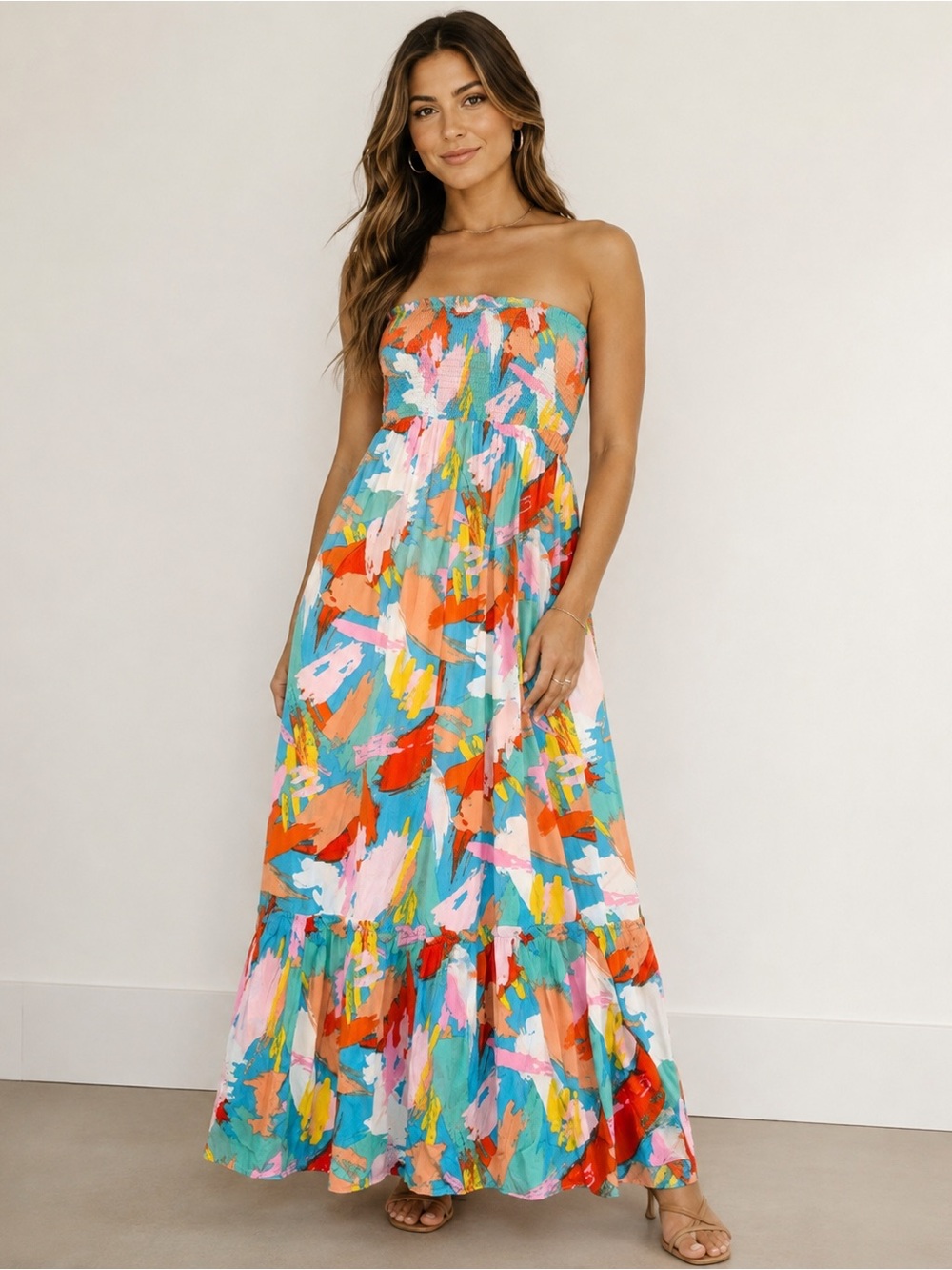 Timing Colorful Abstract Strapless Maxi Dress NWT Med